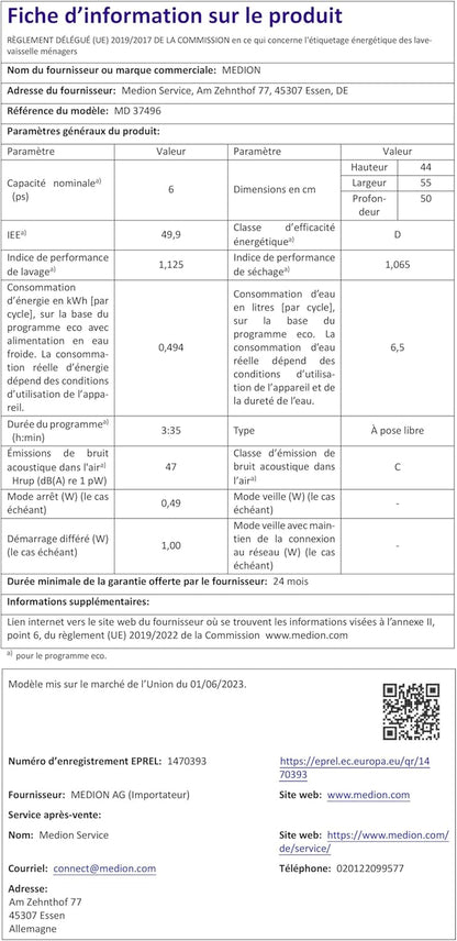 Lave-Vaisselle De Table (Capacité 6 Couverts, 7 Programmes De Nettoyage, Affichage LED, 47 Db, MD37496) Noir