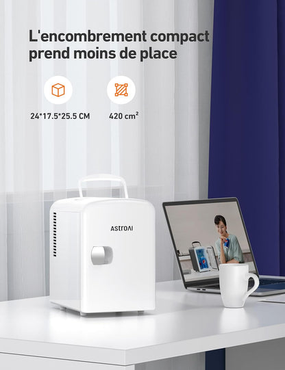 Mini Frigo De Chambre, 4 Litres / 6 Canettes 330Ml, 12V/220V, Petit Frigo Cosmetique, Mini Réfrigérateur Voiture Portable, Glacière Électrique, Fonction Chaud/Froid (Blanc)