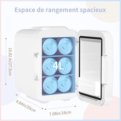 Mini Frigo Pour Chambre, Frigo Skincare Avec Miroir LED, Petit Frigo De 4L Portable, Thermoelectrique Chauffe & Refroidisseur 220V AC / 12V DC Pour Voiture, Bureau, Dortoir (Blanc)