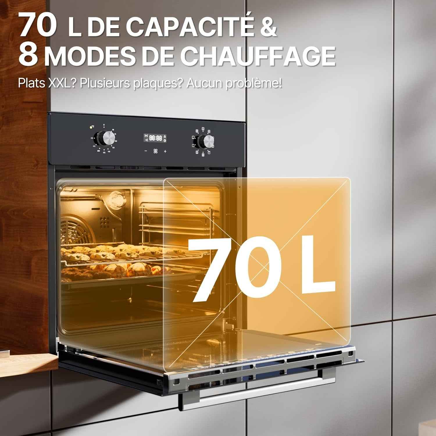 Four Encastrable 60 Cm, Capacité 70 L, Noir | Chaleur Tournante 4D, 8 Modes De Cuisson, Chauffe Rapide, Minuterie Et Sécurité Enfant, Classe Énergétique A, Garantie 3 Ans