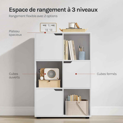 Bibliothèque Étagère De Rangement, Meuble Cube 59,6X29X91Cm | En MDF Pour Salon Bureau Avec 3 Portes 6 Compartiments, Blanc