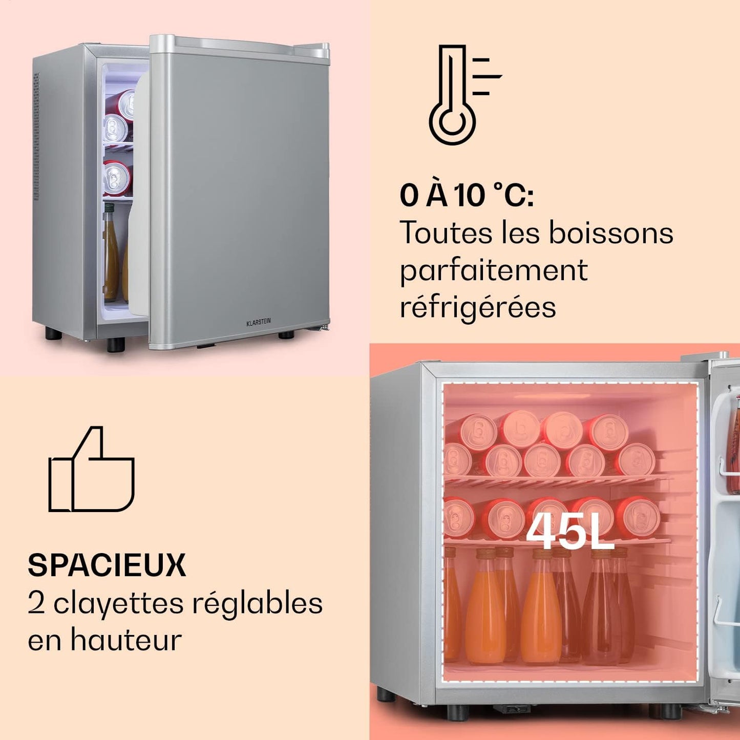 Mini Frigo De Chambre De 45L Pour Boissons Et Bieres, Petit Frigo Silencieux, Mini Bar Intérieur/Ext, Petit Refrigerateur Camping, Stockage De Vins, Cosmetique, Étagères Réglables, 6-18°C