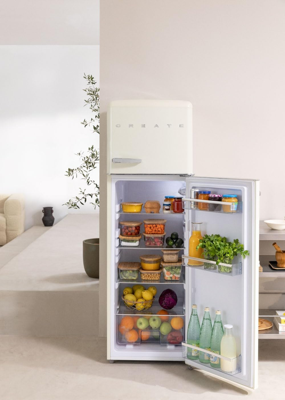 / FRIDGE STYLANCE Top/Réfrigérateur Combiné Blanc Cassé/Style Rétro Vintage, Avec Congélateur, Ouverture 135º, Pratique, Matériaux Résistants, 246L, 55X61,5X166,5Cm