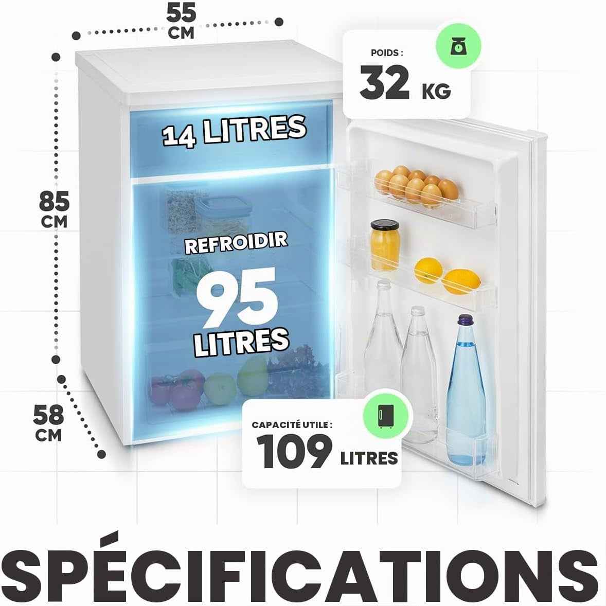 Réfrigérateur Congélateur 109 L KS 7251, Éclairage LED, Blanc | Réfrigérateur 95 L, Congélateur 14 L, Éclairage LED, 2 Étagères En Verre, Bac À Glaçons, Silencieux 37 Db