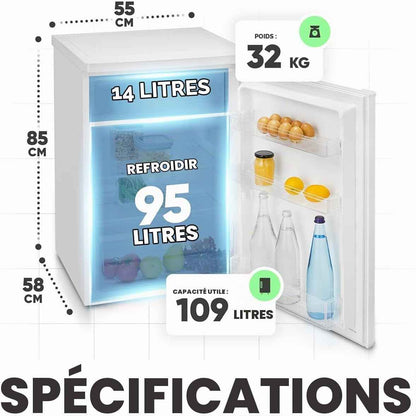 Réfrigérateur Congélateur 109 L KS 7251, Éclairage LED, Blanc | Réfrigérateur 95 L, Congélateur 14 L, Éclairage LED, 2 Étagères En Verre, Bac À Glaçons, Silencieux 37 Db