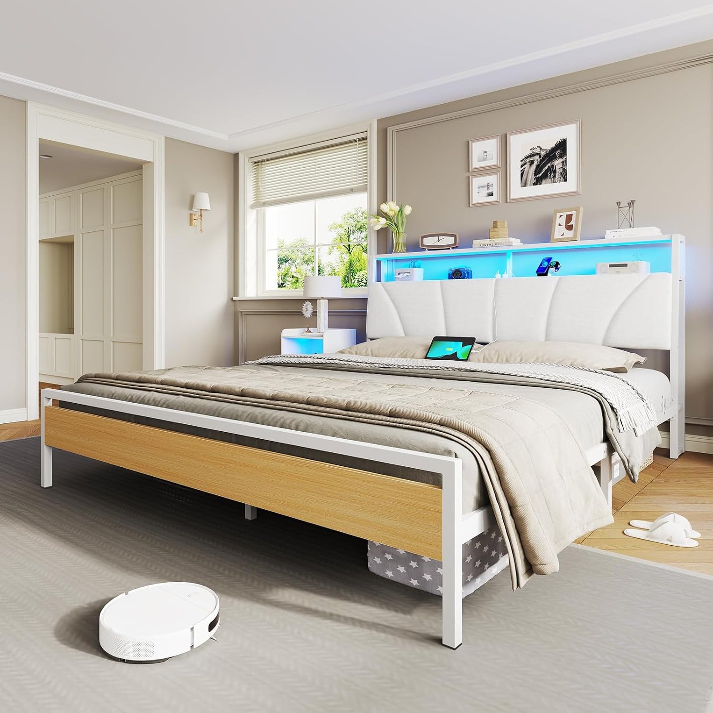 Lit 180X200 Avec Sommier Métal, Cadre De Lit 180X200 Cm Avec Lumières LED Et Multiprise (2 Prises AC, 2 Ports USB) Lit 2 Personnes Avec Tête De Lit Rembourrée Et Rangement, Moderne, Blanc