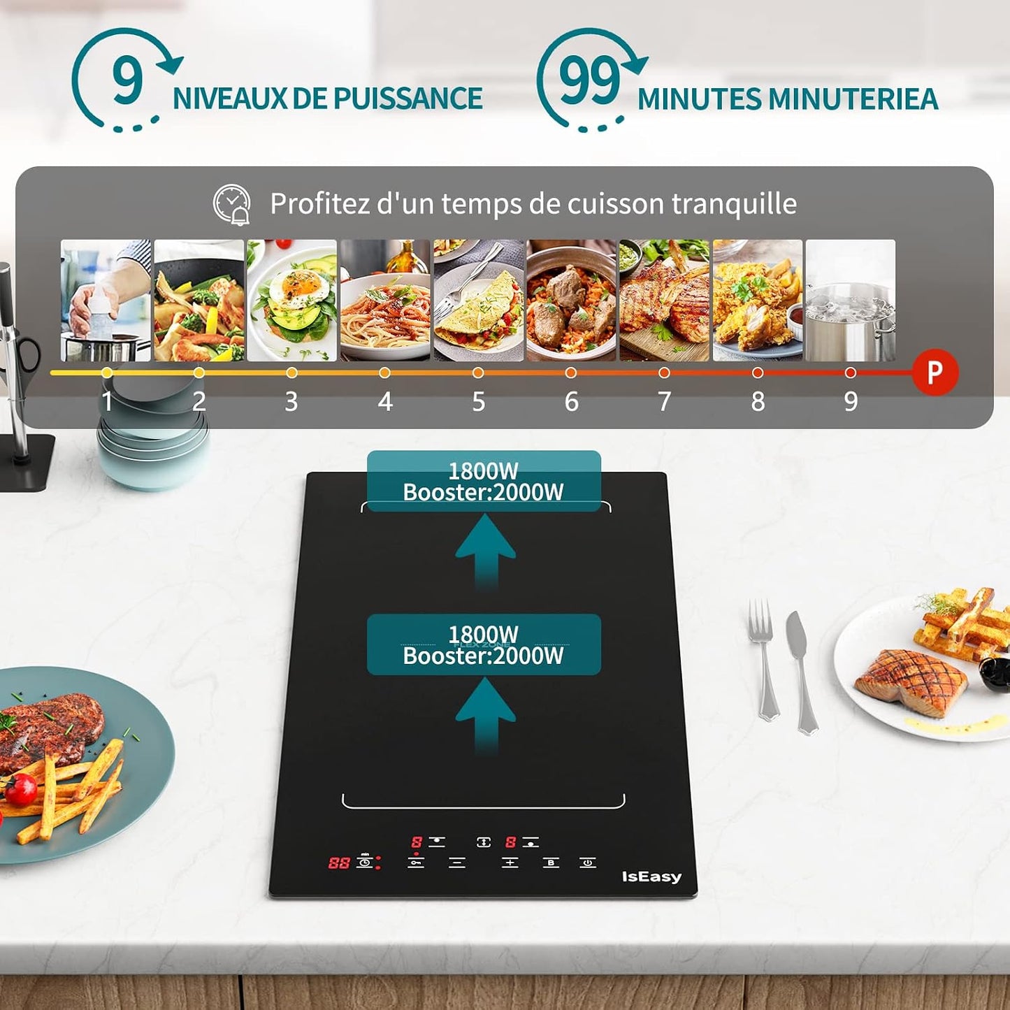 Plaque Induction 2 Feux Encastrable,  Table De Cuisson Electrique 3400W, 2 Boosters, Minuterie, Zones Flexibles, Arrêt Auto, Verrou Enfants, Noir