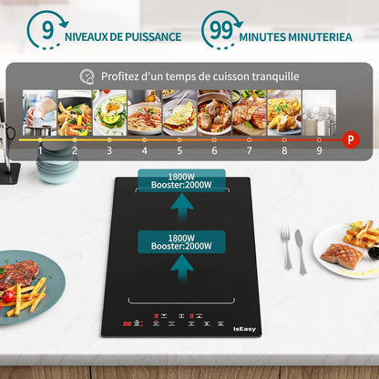 Plaque Induction 2 Feux Encastrable,  Table De Cuisson Electrique 3400W, 2 Boosters, Minuterie, Zones Flexibles, Arrêt Auto, Verrou Enfants, Noir