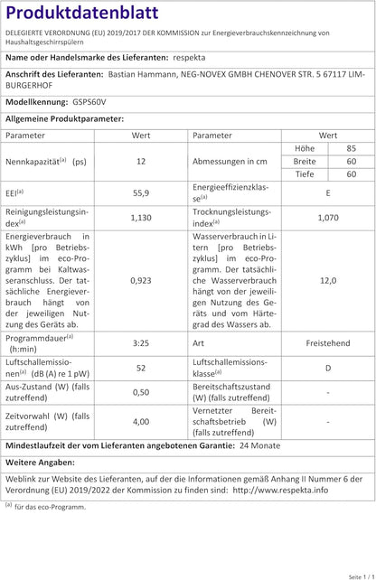 Respekta Lave-Vaisselle Autonome 60 Cm Blanc / Lave-Vaisselle Avec Panier À Couverts Flexible / 5 Programmes / Départ Différé / 12 Couverts / GSPS60V / Silencieux 52 Db
