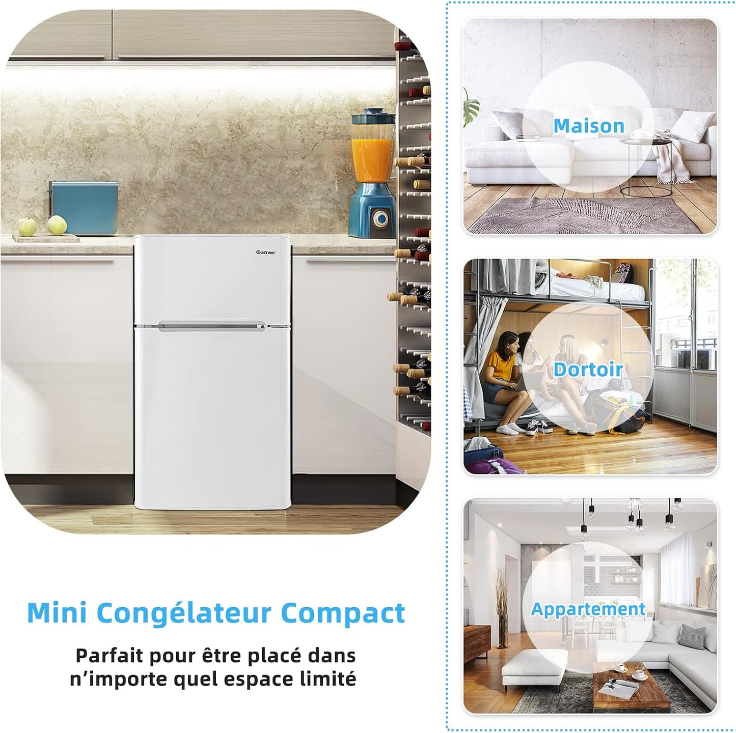 Réfrigérateur À Double Porte 90 L, Réfrigération Rapide, Économie D'Énergie, Réfrigérateur En Métal Avec 7 Niveaux De Température, 48,5 X 49,5 X 86 Cm (Blanc)
