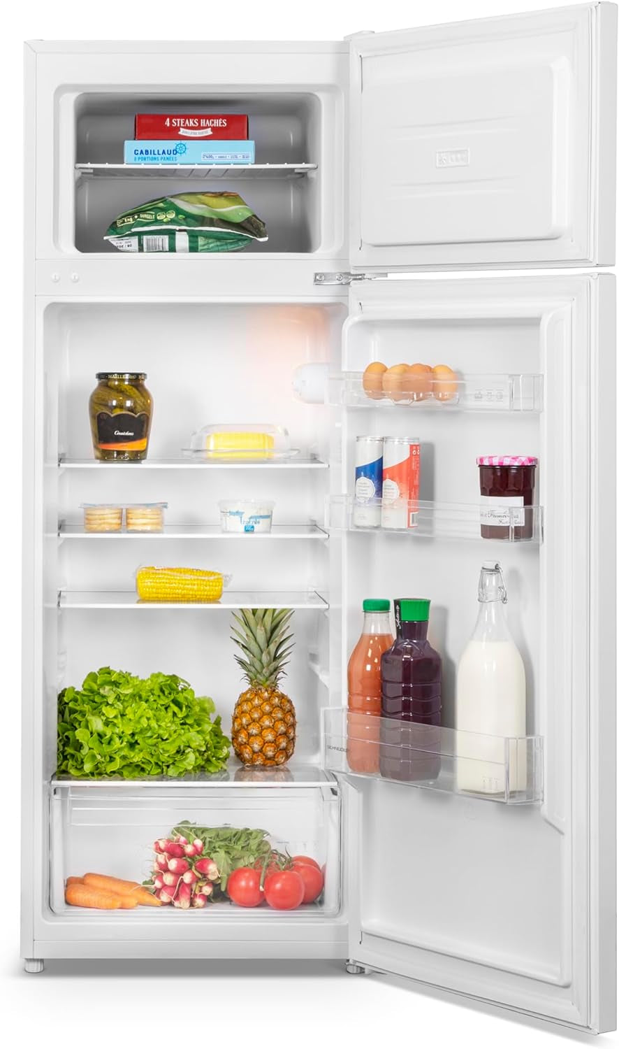 SCDD205W, Réfrigérateur Deux Portes, 206L(169+37), Froid Statique, Poignée Intégrée, 3 Clayettes Verre, 3 Balconnets, Thermostat Réglable, Portes Réversibles, Blanc