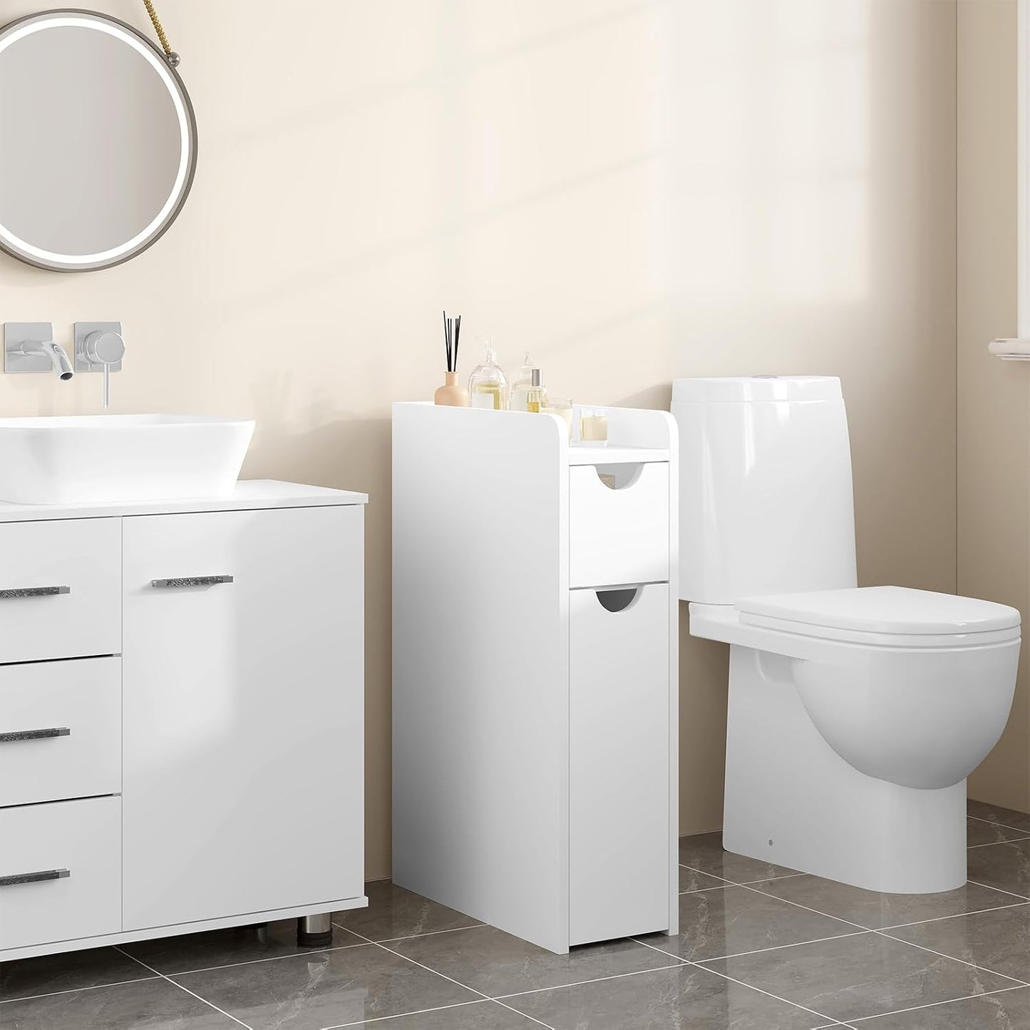 Meuble Salle De Bain, Armoire Salle De Bain Étroite, Avec 2 Tiroirs, En Bois D'Ingénierie, Blanc, 19X45X70Cm