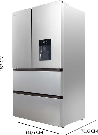 Réfrigérateur À Double Porte En Inox Avec Distributeur D'Eau De 510 L Bolero Coolmarket FD 510 WD Inox E. 183 Cm De Hauteur, 84 Cm De Largeur, Moteur Inverter Plus, Nofrost Total