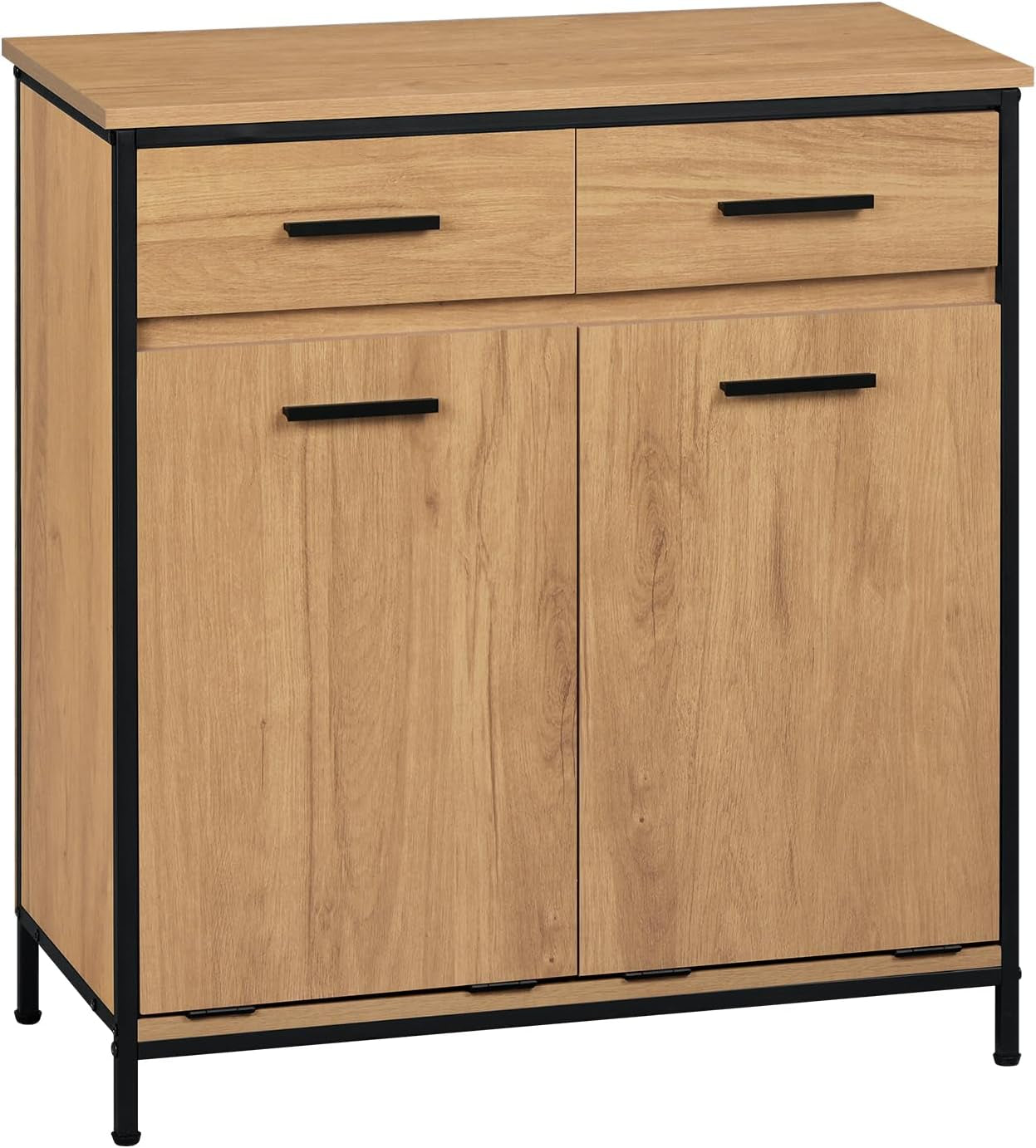Meuble De Salle De Bain, Placard De Rangement, Avec Sac Intérieur Amovible Avec Poignées, 40 X 78,9 X 80,2 Cm, 2 Tiroirs Et 2 Paniers À Linge, Meuble De Rangement, Chêne Clair + Noir, 0233WY