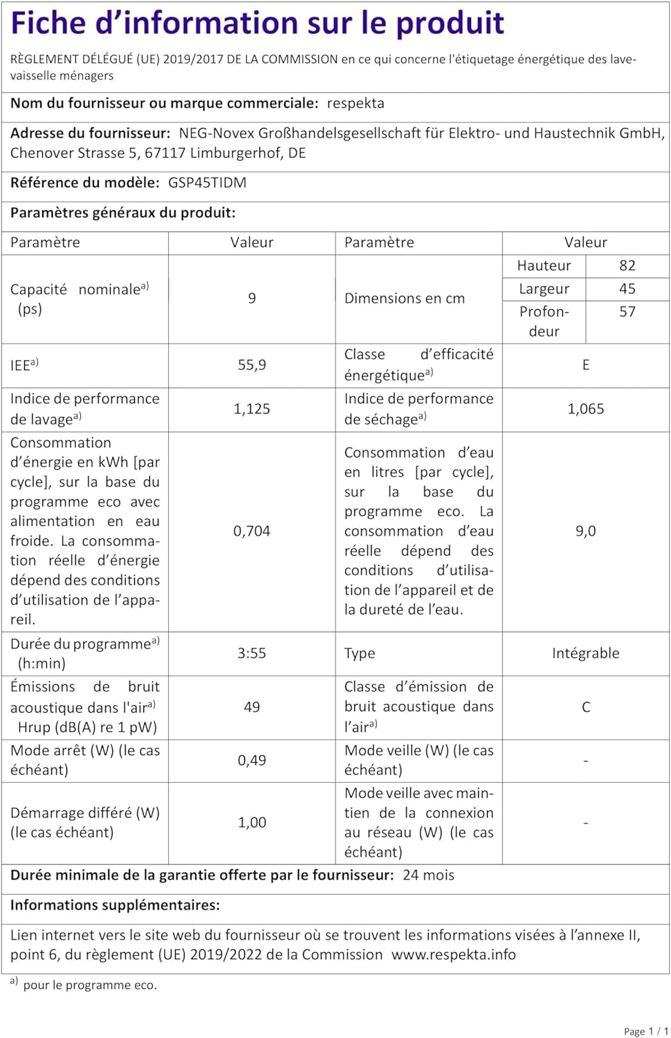 Respekta Lave-Vaisselle Semi-Intégré 45 Cm / Lave-Vaisselle Encastrable Avec Panier À Couverts Flexible / 6 Programmes / Départ Différé / 9 Couverts / Affichage LED / GSP45TIDM