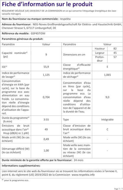 Respekta Lave-Vaisselle Semi-Intégré 45 Cm / Lave-Vaisselle Encastrable Avec Panier À Couverts Flexible / 6 Programmes / Départ Différé / 9 Couverts / Affichage LED / GSP45TIDM