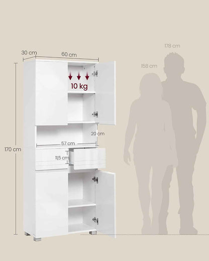 Armoire De Salle De Bain, Meuble De Rangement, Colonne, Avec 2 Tiroirs, Étagères Réglables, Compartiments, 30 X 60 X 170 Cm, Blanc Nuage BBC563W01