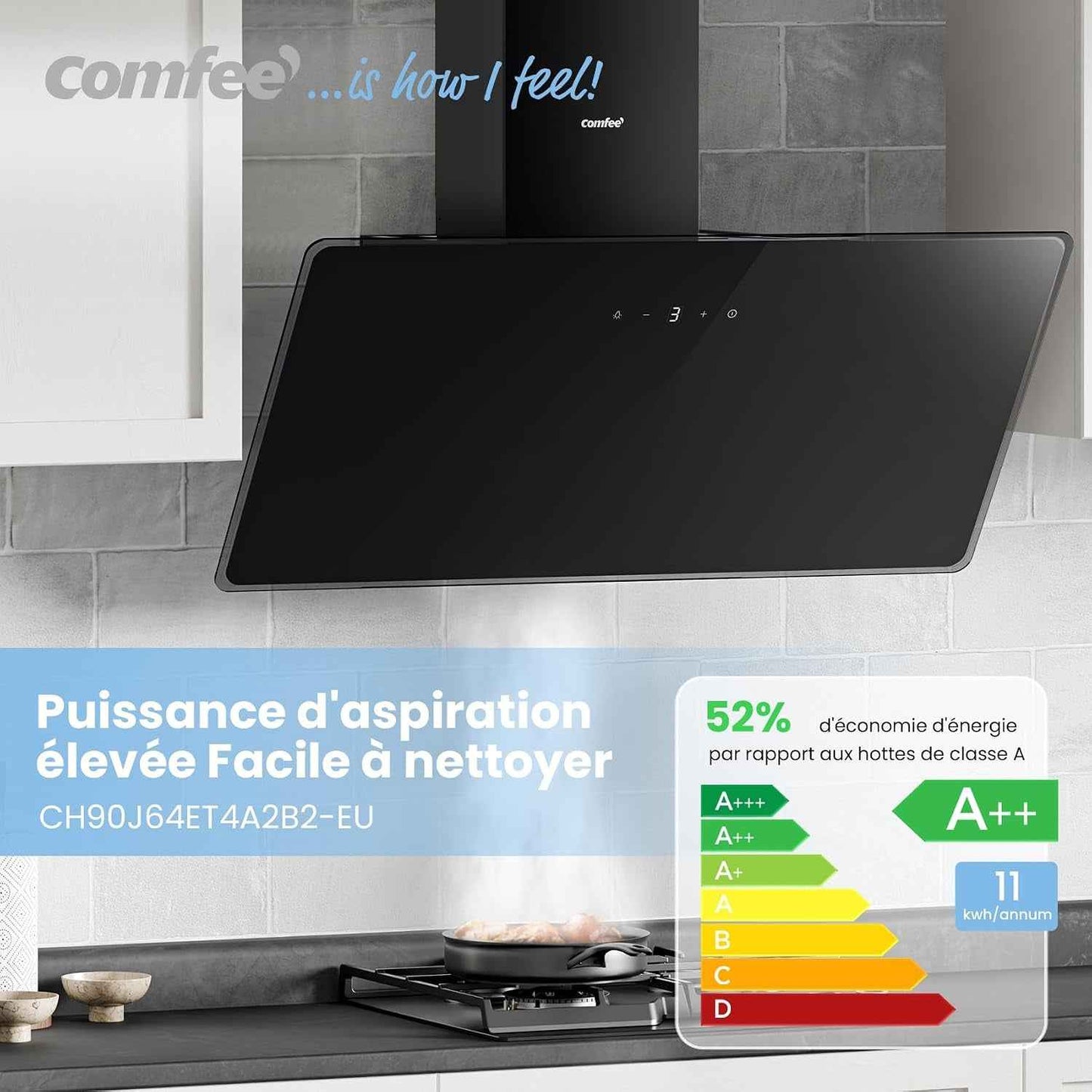 ' CH90J64ET4A2B2-EU Hotte Aspirante Inclinée, 620M³/H, 90Cm, A++ | 59 Db, Commande Tactile, 4 Vitesses, Recirculation Et Évacuation, Filtre Aluminium 5 Couches, LED, Noir, Verre Trempé