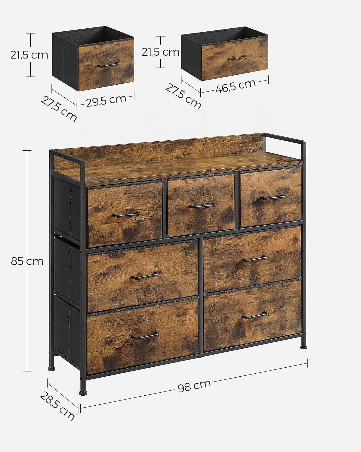 BELLAH Collection - Armoire, Meuble De Rangement, 5 Tiroirs En Tissu Avec Poignées, Cadre En Métal, Style Moderne, Marron Rustique Et Noir D'Encre LTS137BH01 | Design Basique Moderne, Encre Noire Et Marron Rustique, Collection BELLAH LTS137B01