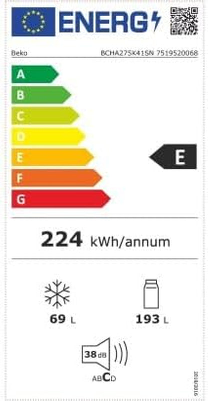 BEKO Réfrigérateur Congélateur Encastrable BCHA275K41SN, 262 L, Semi No Frost, Glissières