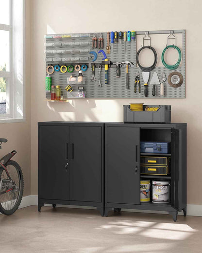 Caisson De Bureau, Placard Polyvalent, Armoire De Bureau À 2 Portes, Verrouillable, En Acier, Pour Salon, Noir Mat OMC013B01