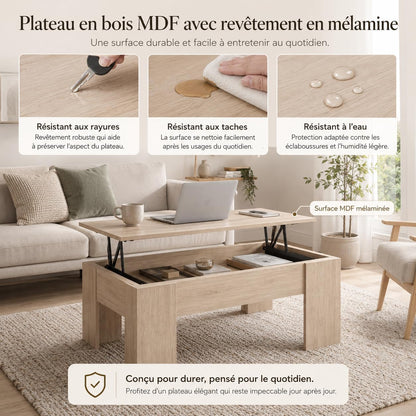 Table Basse Relevable Bois Clair. 100 X 45 X 50 Cm. Table De Salon Avec Compartiment Moderne. Table Basse Avec Plateau Relevable