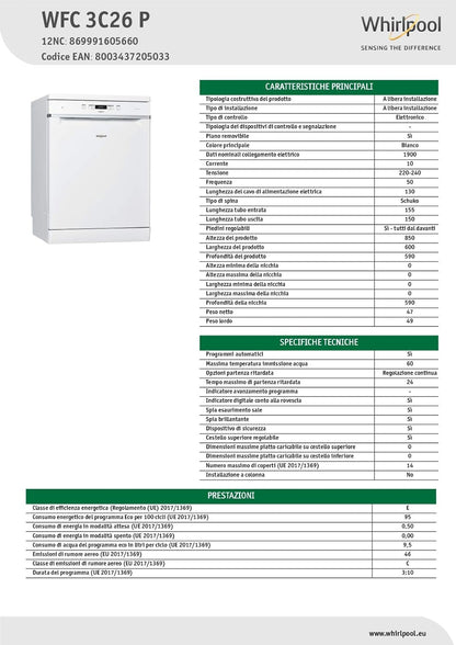 Whirlpool WFC 3C26 P, Lave-Vaisselle Pose Libre 60Cm, 14 Couverts, E