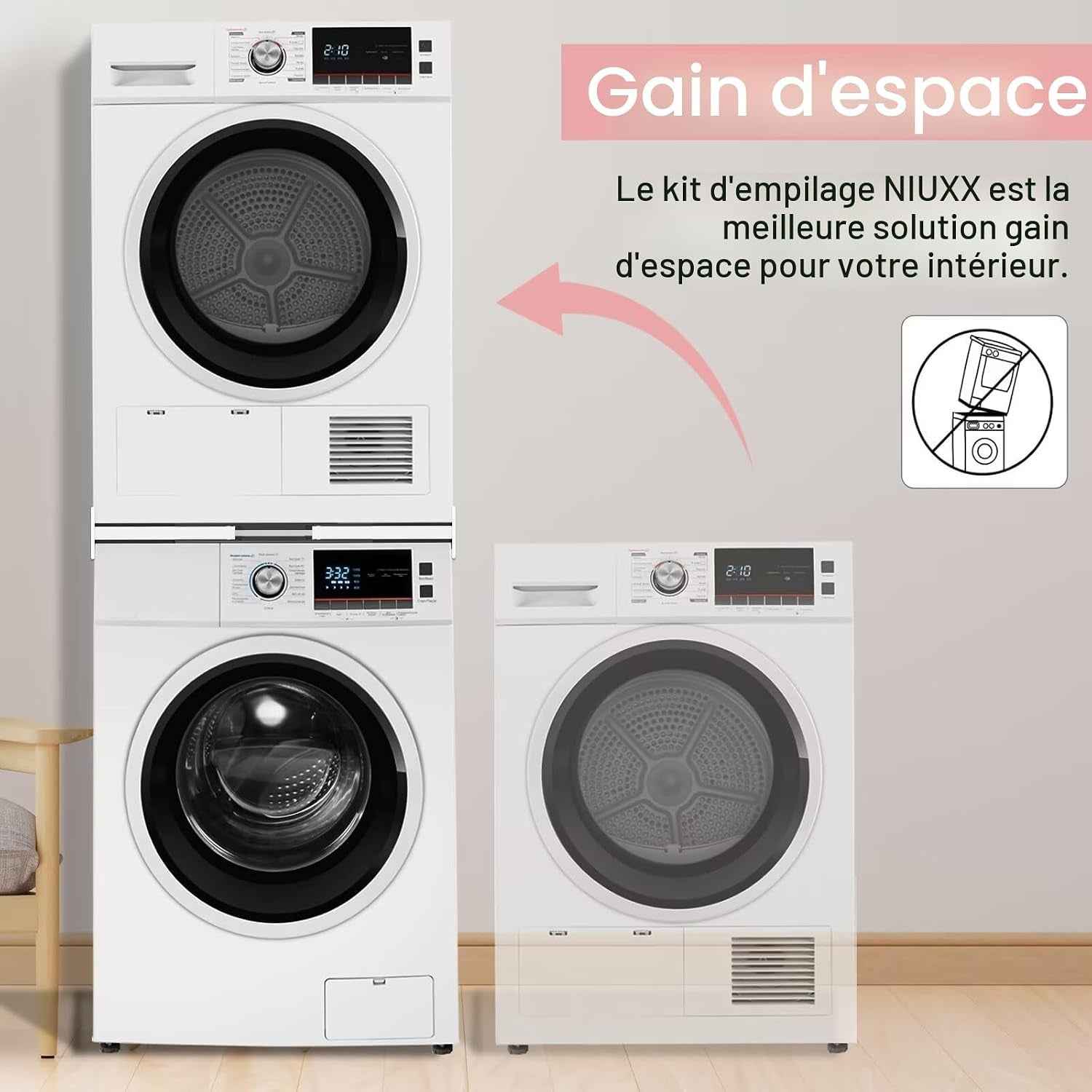 Universel Kit De Superposition Pour 46-66Cm Lave-Linge Et Sèche-Linge | Kit D’Empilage Pour Machine À Laver, Cadre Intermédiaire Pour Laver, Sèche-Linge Kit Intermédiaire Avec Sangles À Cliquet