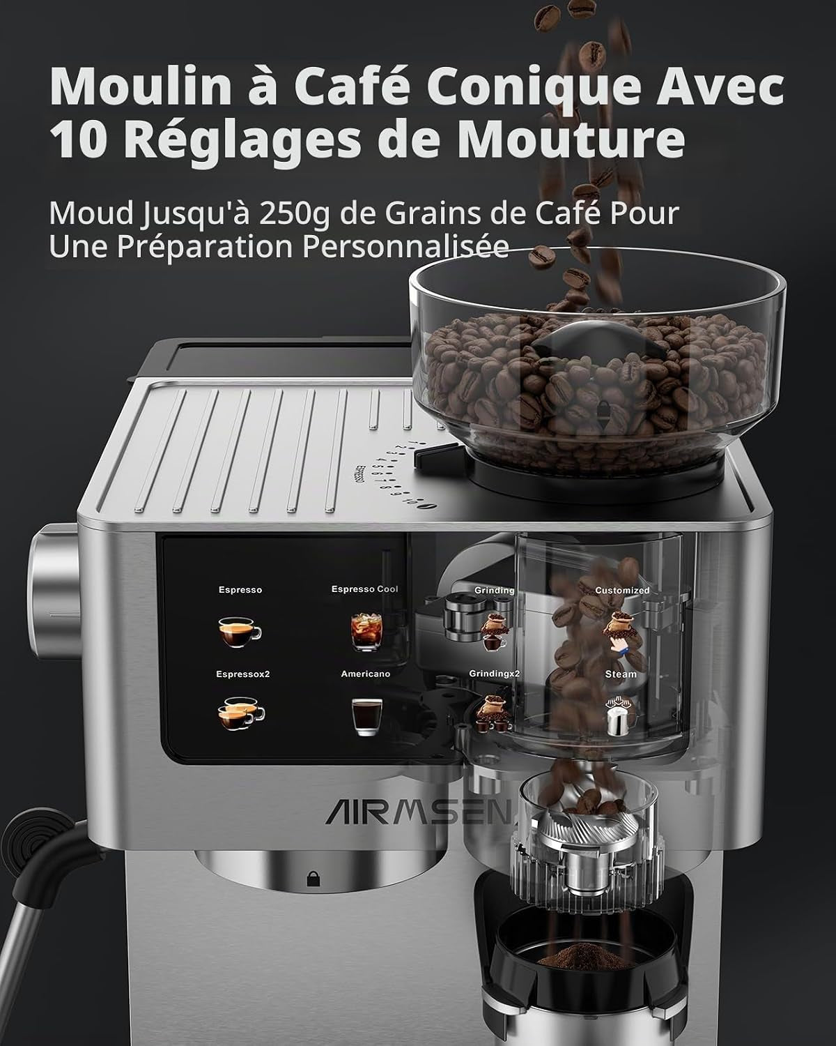 20 Bar Espresso Machine À Café Grain Avec Mousseur, 10 Réglages De Mouture, Ecran Tactile, En Acier Inoxydable, Réservoir 1,8 L- Espresso, Café Froid (Cold Brew), Americano Et Latte