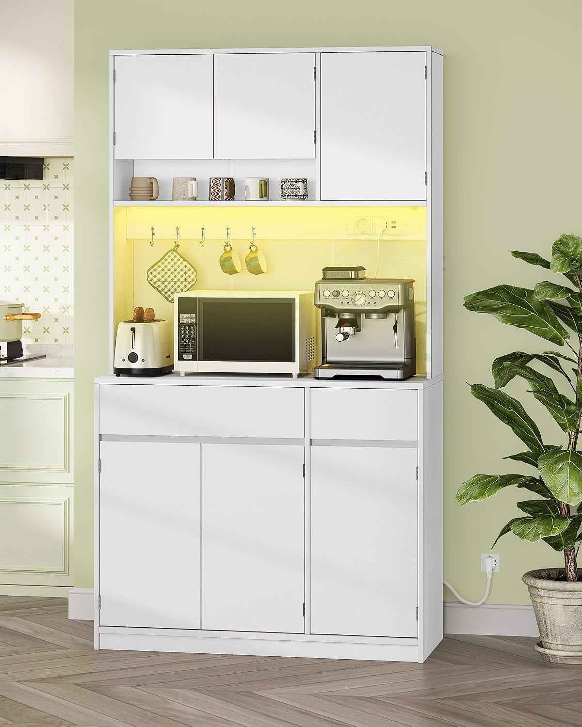 Meuble Cuisine, Buffet Avec Prises Électriques | Meuble De Rangement Cuisine Avec Plans De Travail Et 2 Tiroirs, Cuisine, Salon, 40 X 100 X 180 Cm , Blanc, PT00203XEU