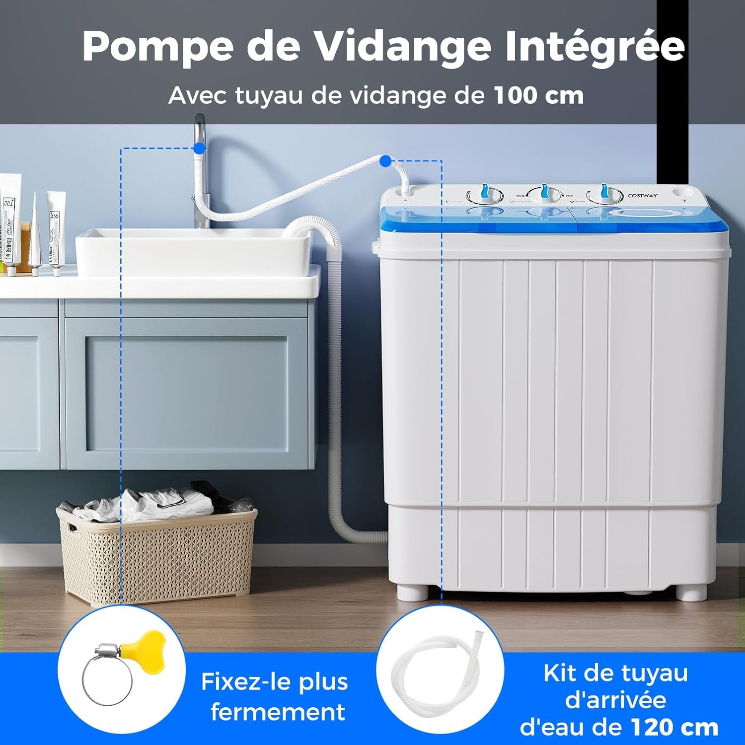 Machine À Laver Portable, Capacité De 8 Kg(5Kg Lavage & 3Kg Essoreuse), Machine À Laver À Double Cuve Avec Pompe De Vidange, Mini Machine À Laver Pour Appartements, VR Et Dorto (Bleu)