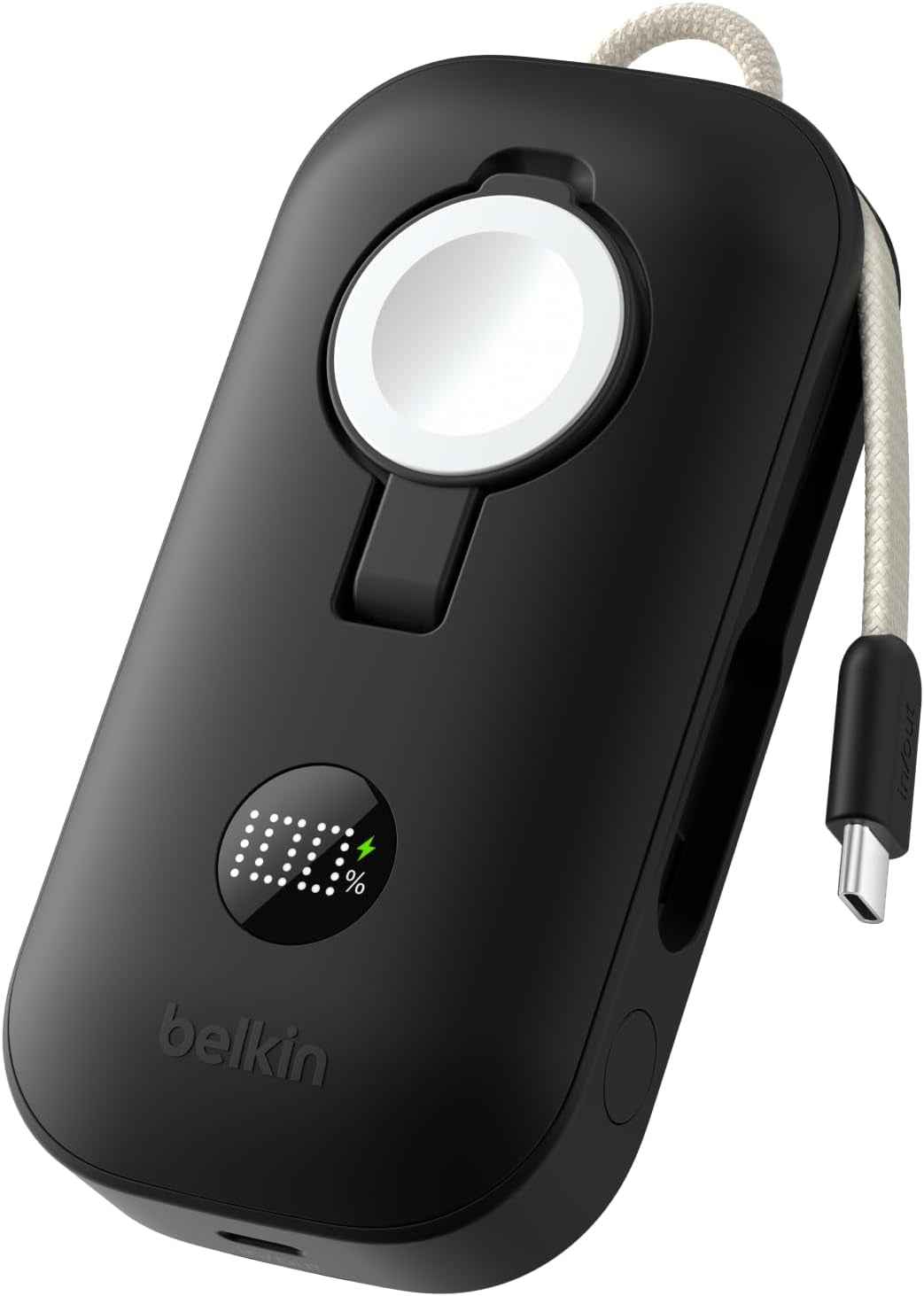 Belkin Boostcharge Pro Batterie Externe 10000Mah Avec Module De Recharge Apple Watch, Chargeur Portable, Câble USB-C À Gaine Tressée Intégré, Écran Numérique, 45W, Recharge De 3 Appareils, Noir