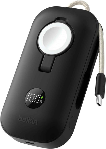 Belkin Boostcharge Pro Batterie Externe 10000Mah Avec Module De Recharge Apple Watch, Chargeur Portable, Câble USB-C À Gaine Tressée Intégré, Écran Numérique, 45W, Recharge De 3 Appareils, Noir