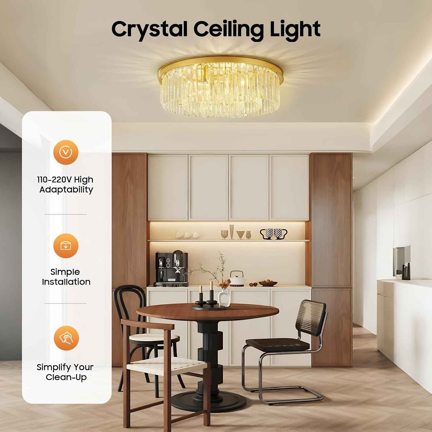 Plafonnier En Cristal De 60 Cm, Lustre Doré, Lustre Chambre, Lampe Ronde LED, Plafond Transparent, E14