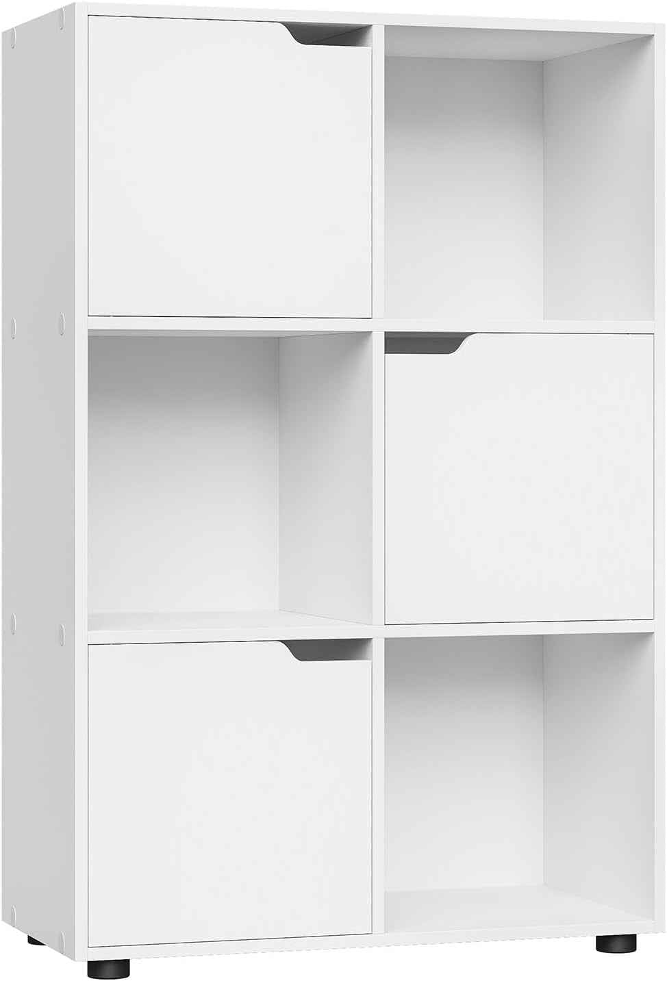 Bibliothèque Étagère De Rangement, Meuble Cube 59,6X29X91Cm | En MDF Pour Salon Bureau Avec 3 Portes 6 Compartiments, Blanc