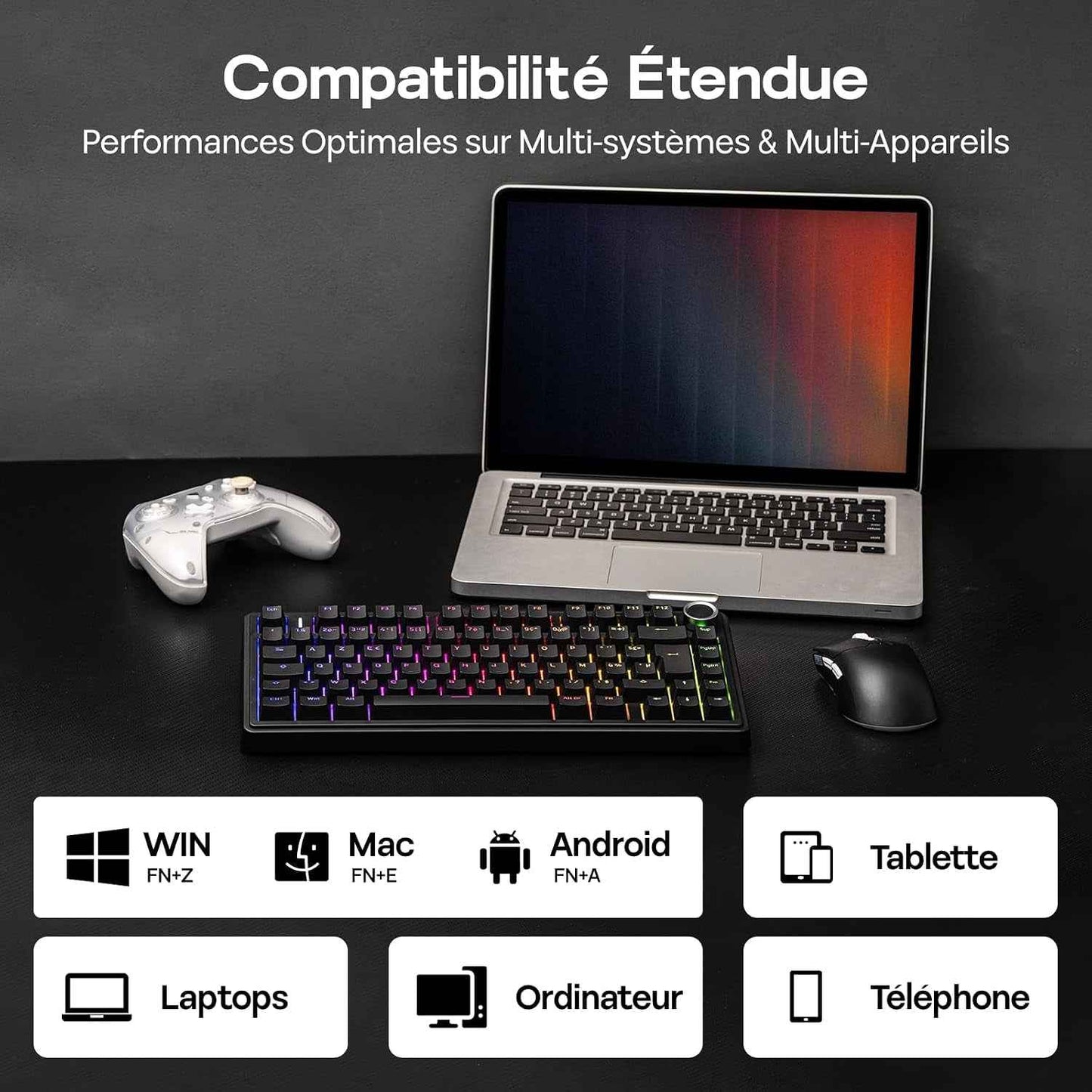 Aula F75 ISO-FR Clavier Mécanique Sans Fil AZERTY 75% | Clavier Gaming Français Avec Bouton Rotatif, RVB, Hot-Swap, Montage Gasket, Son Crémeux, Bt/2.4Ghz/Filaire