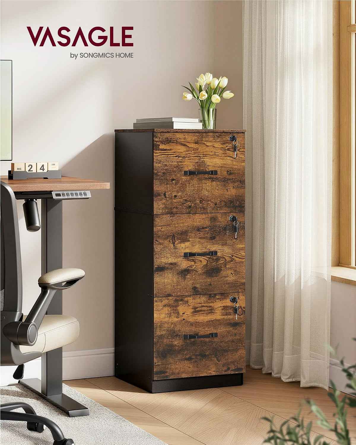 Custos Collection - Meuble De Bureau, Meuble De Rangement, Support Pour Imprimante, Avec 3 Tiroirs Verrouillables, Tringles Réglables, Compatible Avec Formats A4, Marron Rustique OFC055KD01