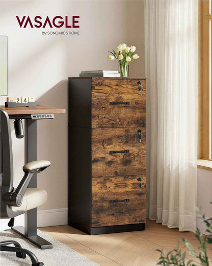 Custos Collection - Meuble De Bureau, Meuble De Rangement, Support Pour Imprimante, Avec 3 Tiroirs Verrouillables, Tringles Réglables, Compatible Avec Formats A4, Marron Rustique OFC055KD01
