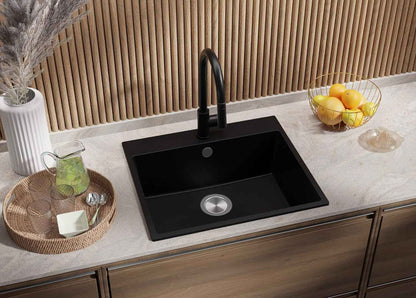 Evier Cuisine En Granit Noir - Riga, 58X50Cm | Lavabo 1 Bac + Kit De Vidage, Évier À Encastrer Au Meuble 60Cm (S305)