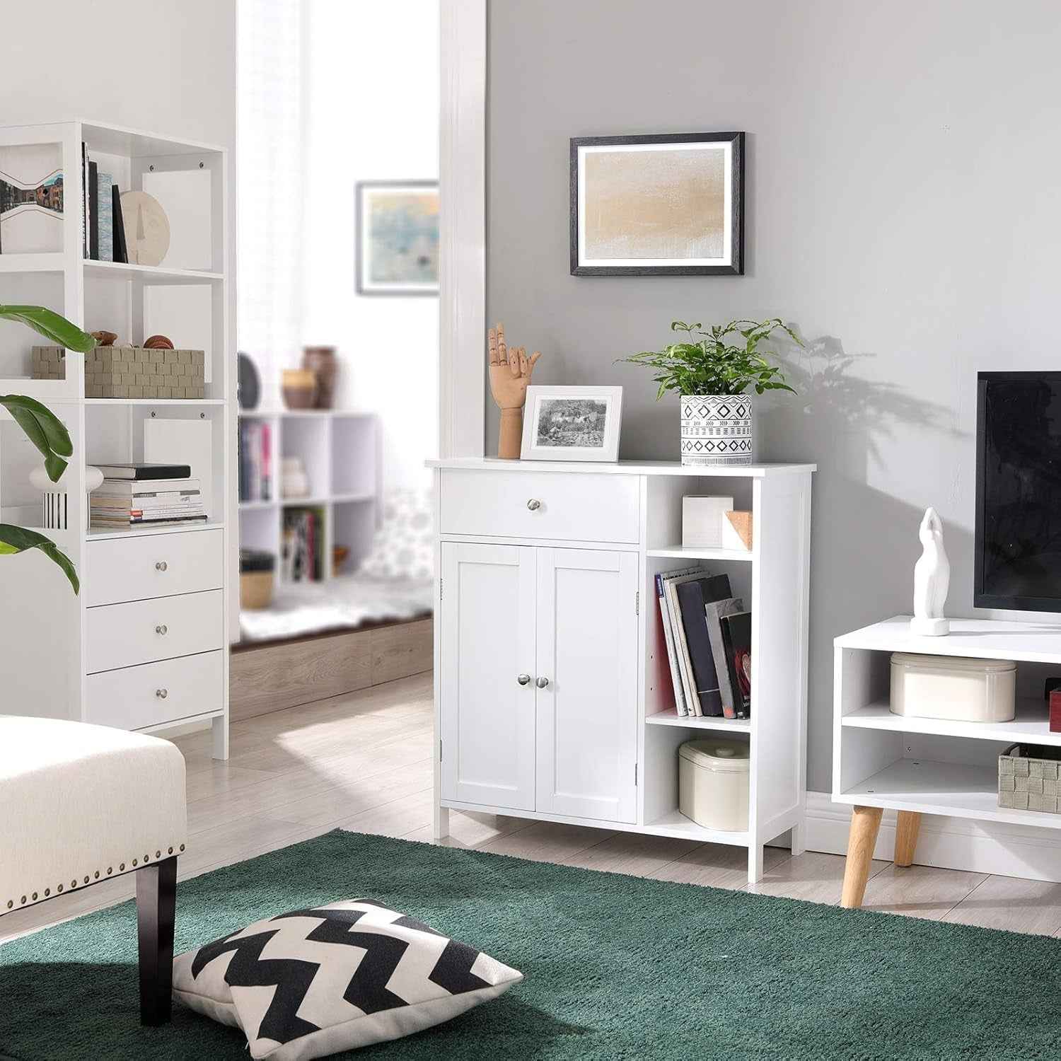 Meuble De Salle De Bain, Meuble De Rangement Avec 2 Portes, Armoire De Salle De Bain Avec Tiroir, 3 Compartiments Ouverts, Étagères Réglables, 75 X 30 X 80 Cm, Blanc Nuage BBC142W01