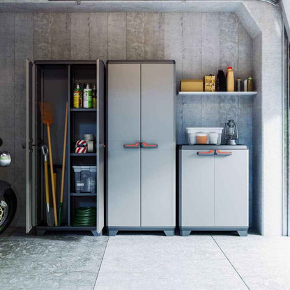 Armoire Basse STILO - Armoire De Rangement Verrouillable - Étagère Et Pieds Ajustables, Poignée Soft Touch - Cuisine, Garage, Atelier, Placard - 68 X 39 X 90 Cm - Gris/Noir/Rouge