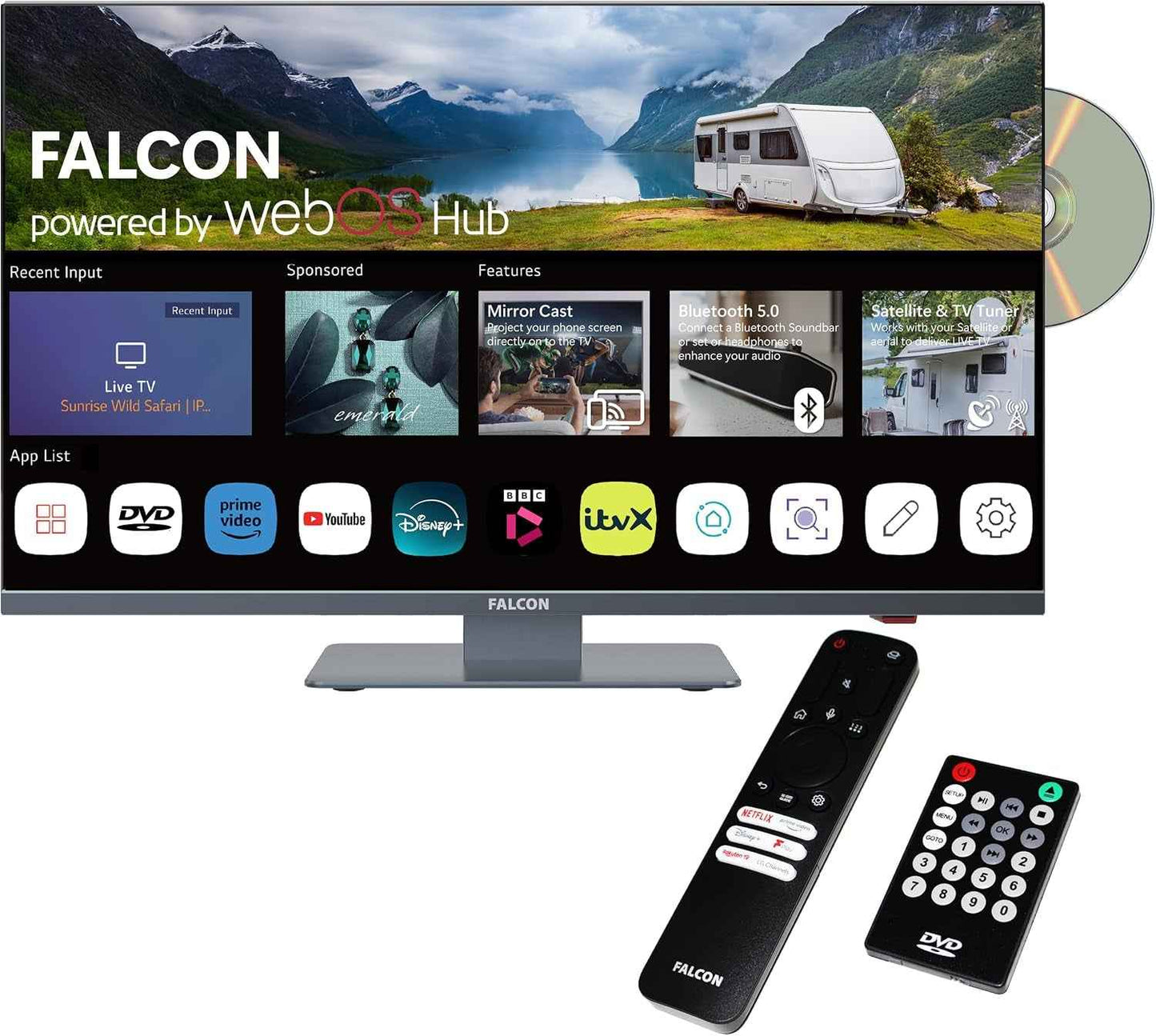 Falcon 24 Inch TV Webos Smart TV Wifi Camping – 12V/24V, Integrated DVD Player, Bluetooth 5.0, USB, Streaming, Freeview, Netflix, Prime Video, Pitch Perfect Television for Campervan