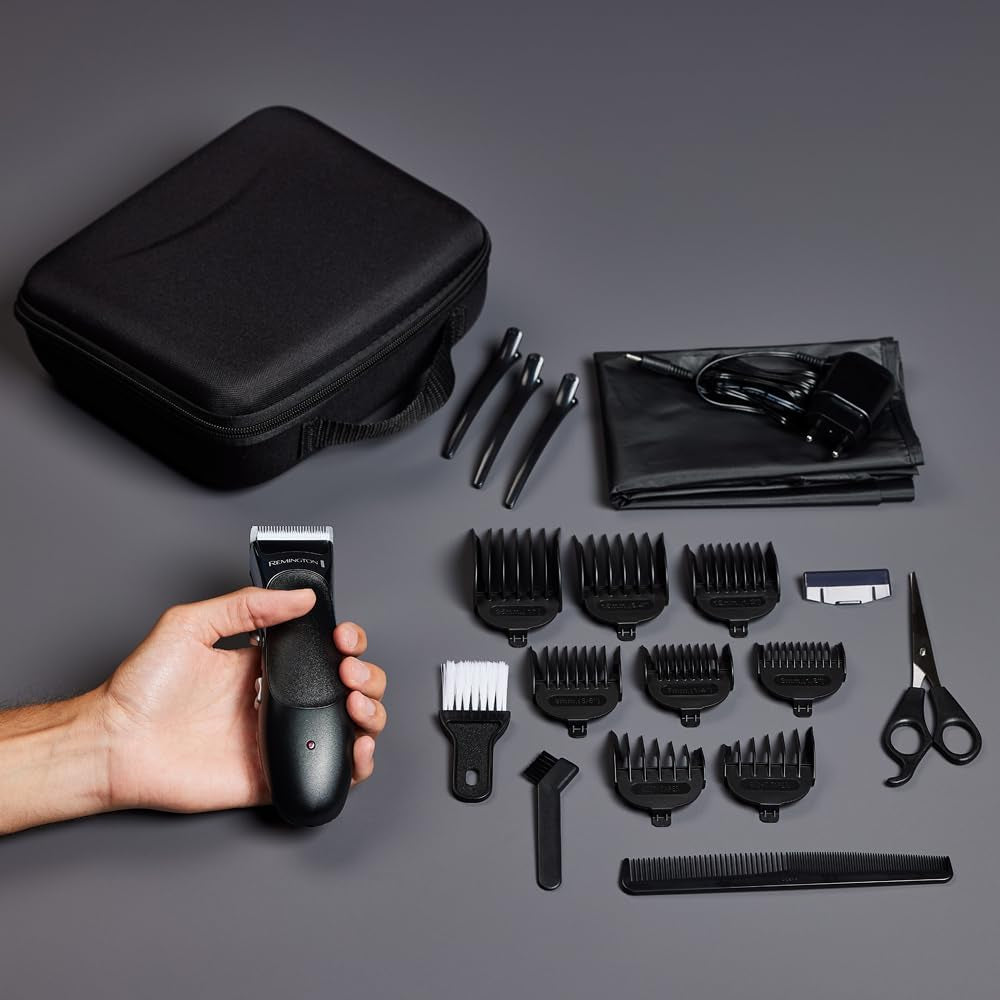 Tondeuse Cheveux [Kit Coiffeur Professionnel] Stylist Noir & Argent (Lames Céramique Auto-Affûtées, Secteur/Sans Fil-Batterie Lithium, 8 Sabots, Mallette Pro + Accessoires) Tondeuse HC363C