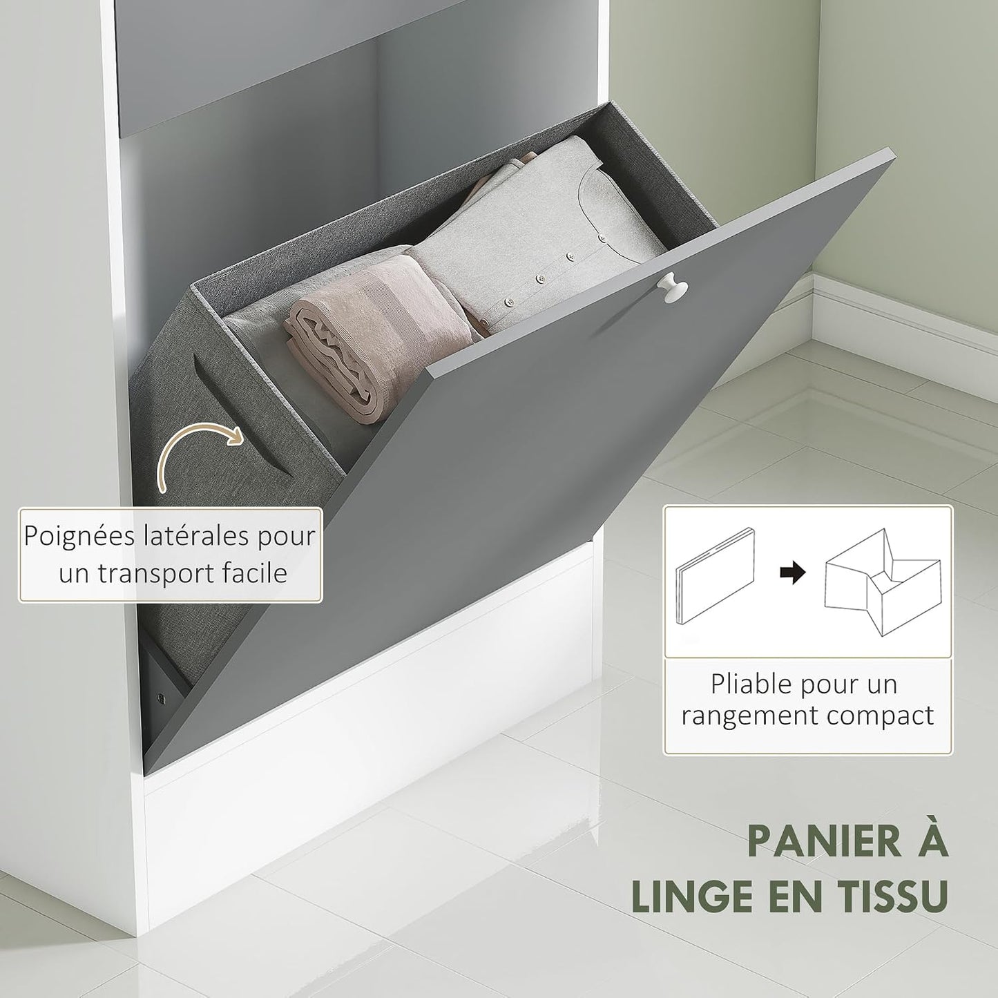 Meuble De Salle De Bain Haut Avec Coffre a Linge Et Miroir | Meuble De Rangement, Placards À Portes, 2 Compartiments Ouverts, Tiroir, Étagère Réglable, 62 X 28,3 X 181 Cm, Gris Et Blanc