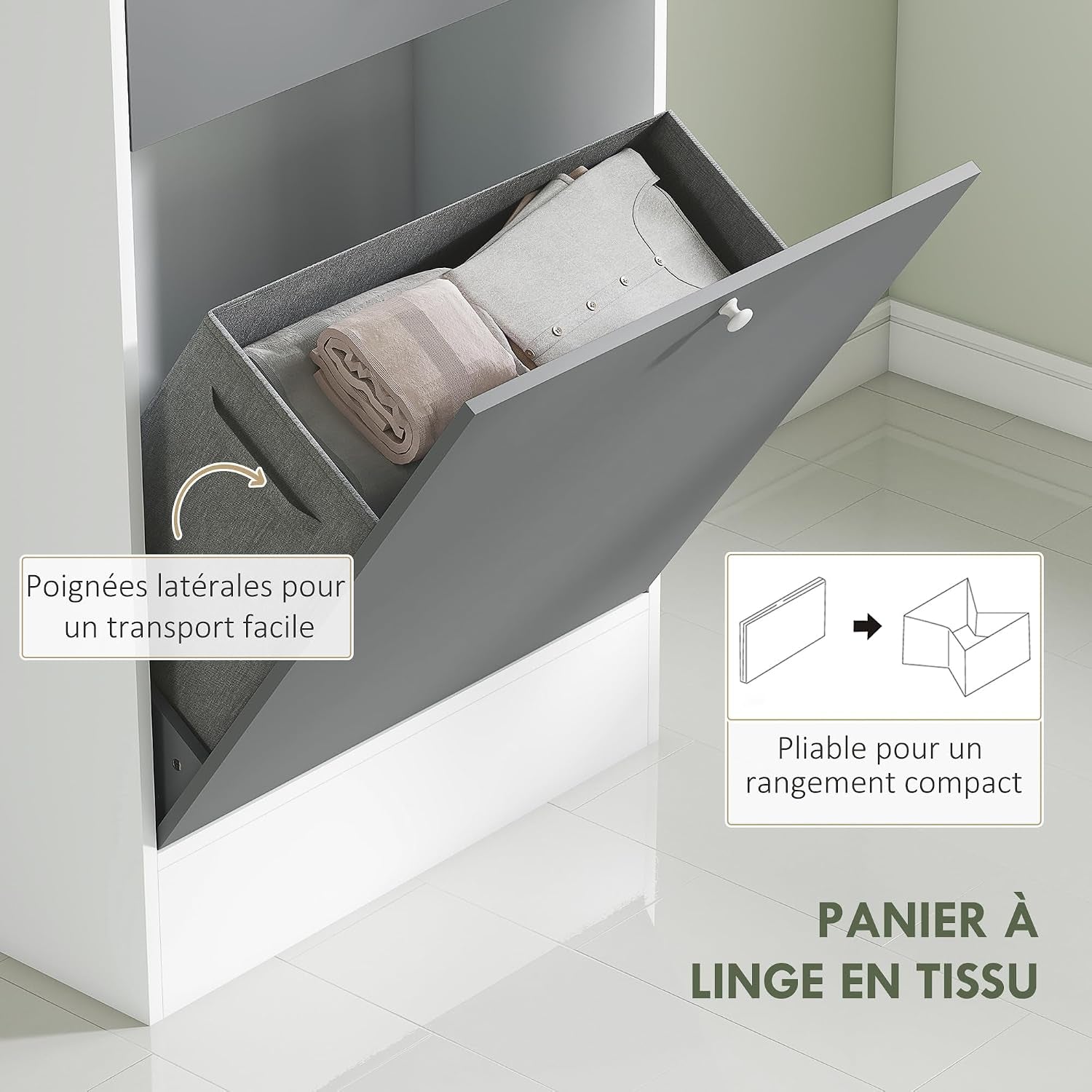 Meuble De Salle De Bain Haut Avec Coffre a Linge Et Miroir | Meuble De Rangement, Placards À Portes, 2 Compartiments Ouverts, Tiroir, Étagère Réglable, 62 X 28,3 X 181 Cm, Gris Et Blanc