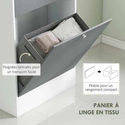 Meuble De Salle De Bain Haut Avec Coffre a Linge Et Miroir | Meuble De Rangement, Placards À Portes, 2 Compartiments Ouverts, Tiroir, Étagère Réglable, 62 X 28,3 X 181 Cm, Gris Et Blanc