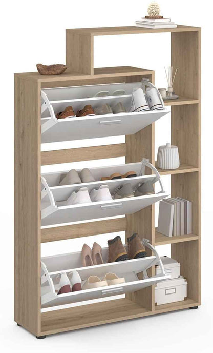 - Meuble À Chaussures 18 Paires KLARK Imitation Hêtre | Avec 3 Portes Blanches Avec Étagère