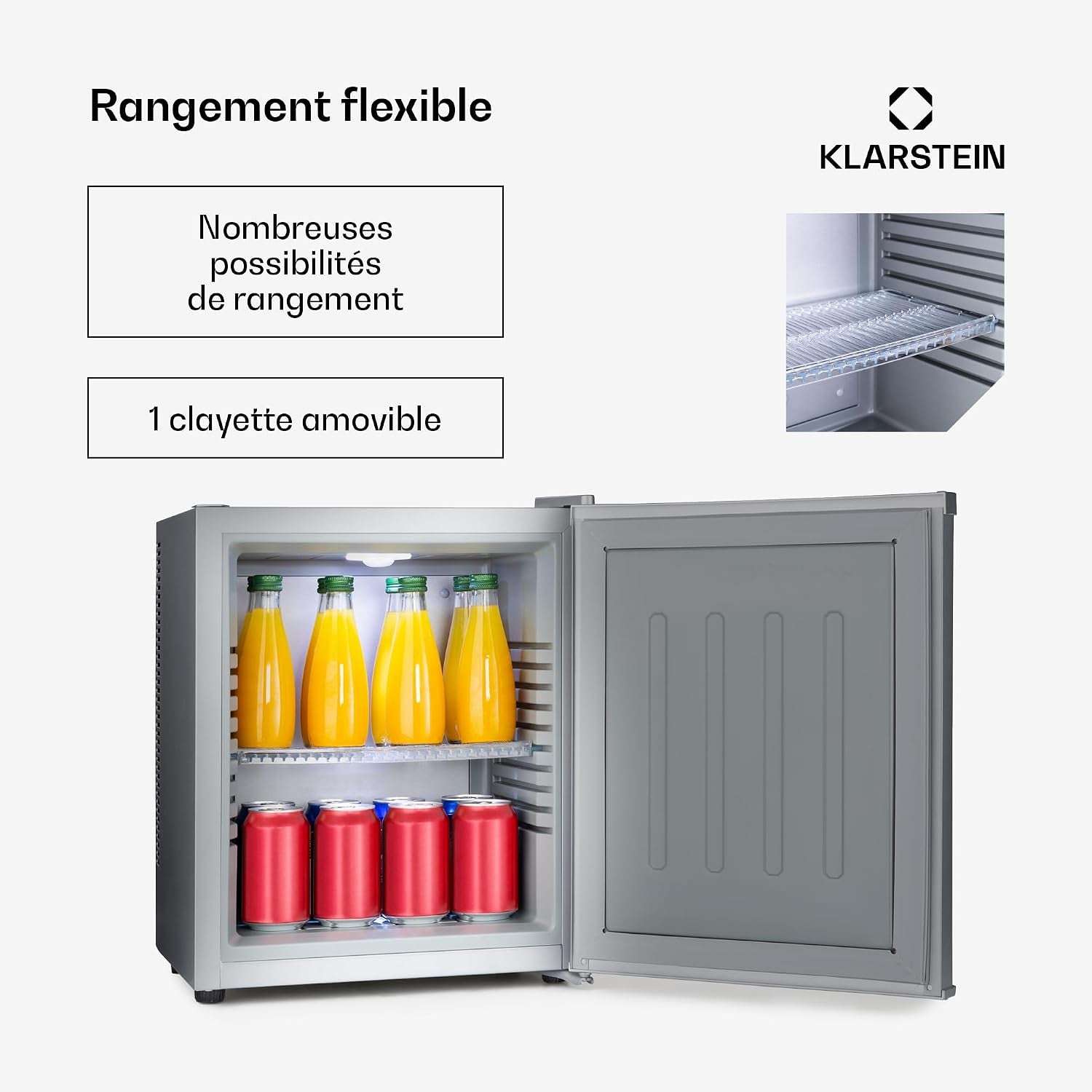 KLARSTEIN Mini Frigo De Chambre De 23L Pour Snacks Et Boissons, Petit Frigo Top Silencieux, Mini Bar, Petit Réfrigérateur Camping, Cosmetique, Refrigerateur Avec Étagères Réglables, 5-15°C