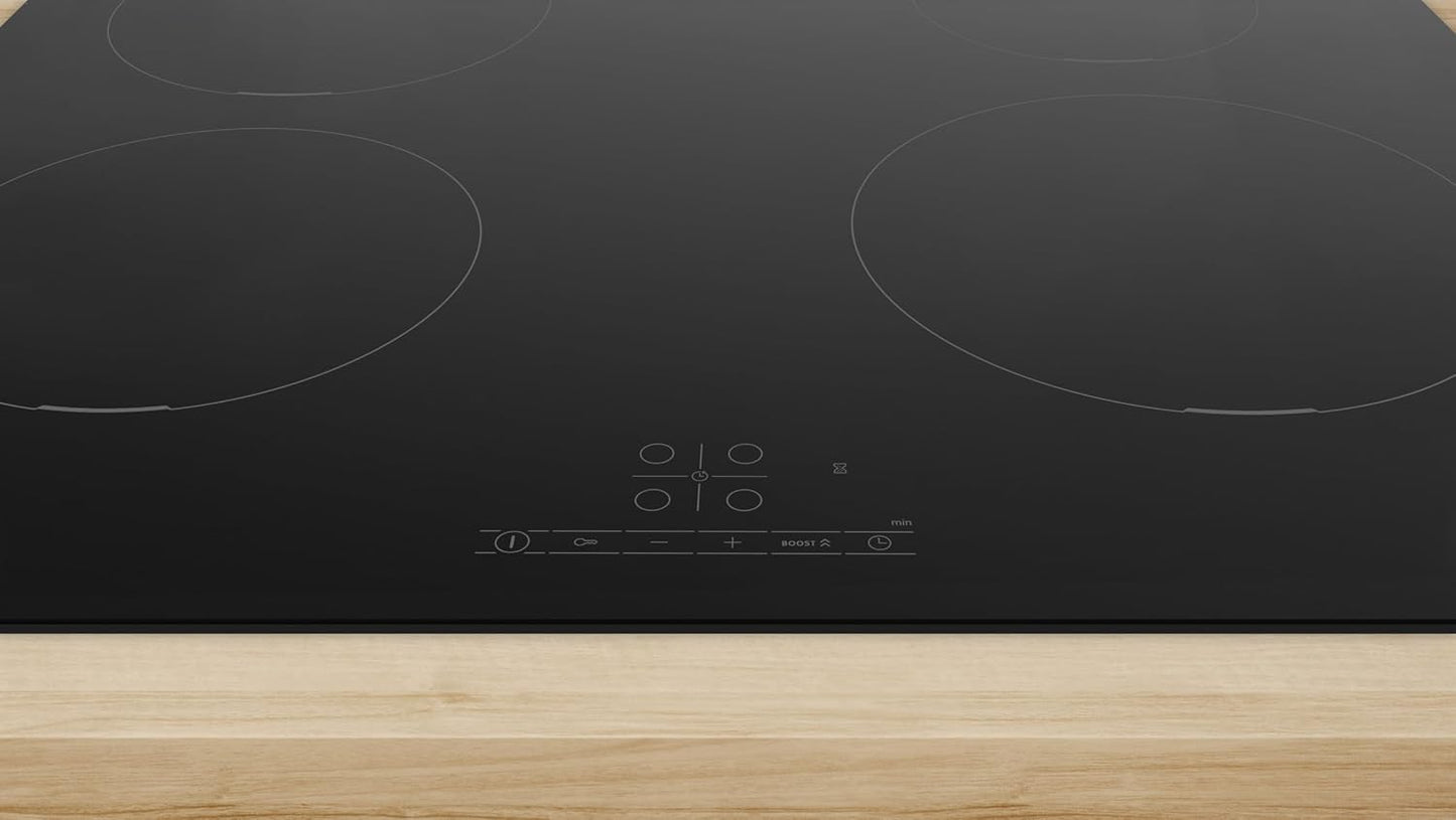 Bosch PUE611BB5E Série 4 - Plaque Induction, Touch Select | 60 Cm, Noir, 4 Foyers, Timer Avec Fonction Arrêt, 17 Niveaux De Réglage De La Puissance