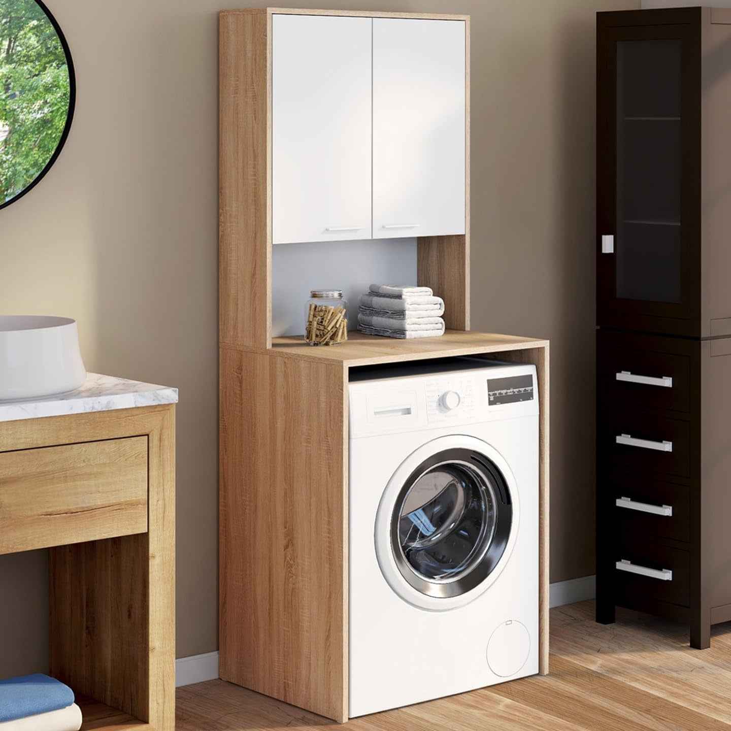- Meuble Dessus De Machine À Laver Wallis Bois Façon Hêtre, Blanc | Avec Placard